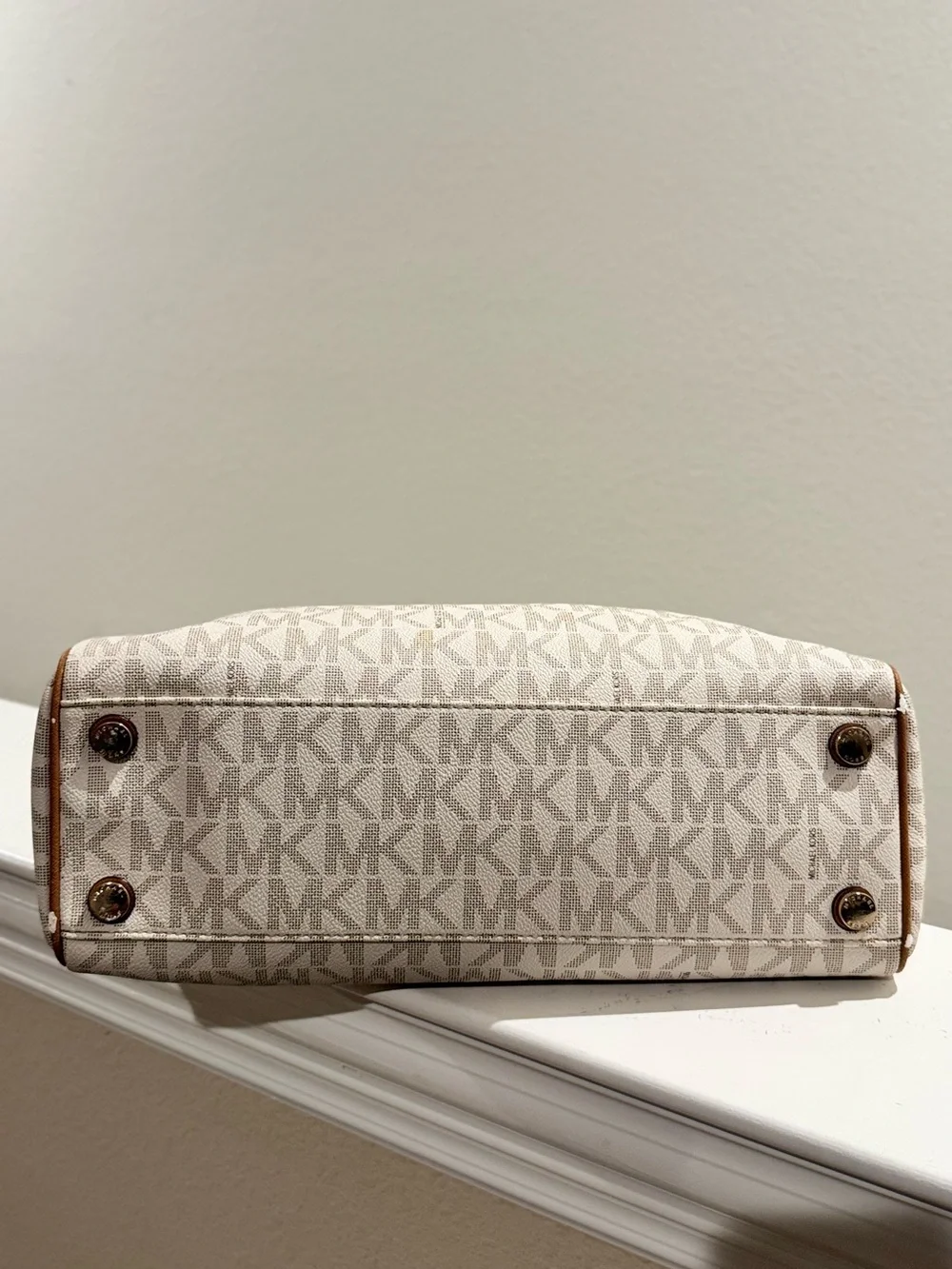 Michael Kors White/Brown Signature Costed Canvas and Leather Tote.